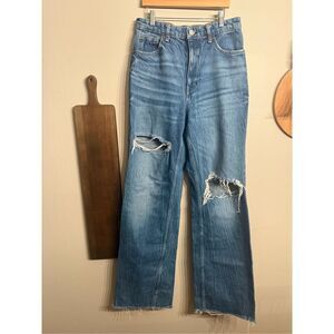 Zara Blue Denim Ripped Raw Hem High-Rise Straight Wide Leg Jeans Size 8 Tall